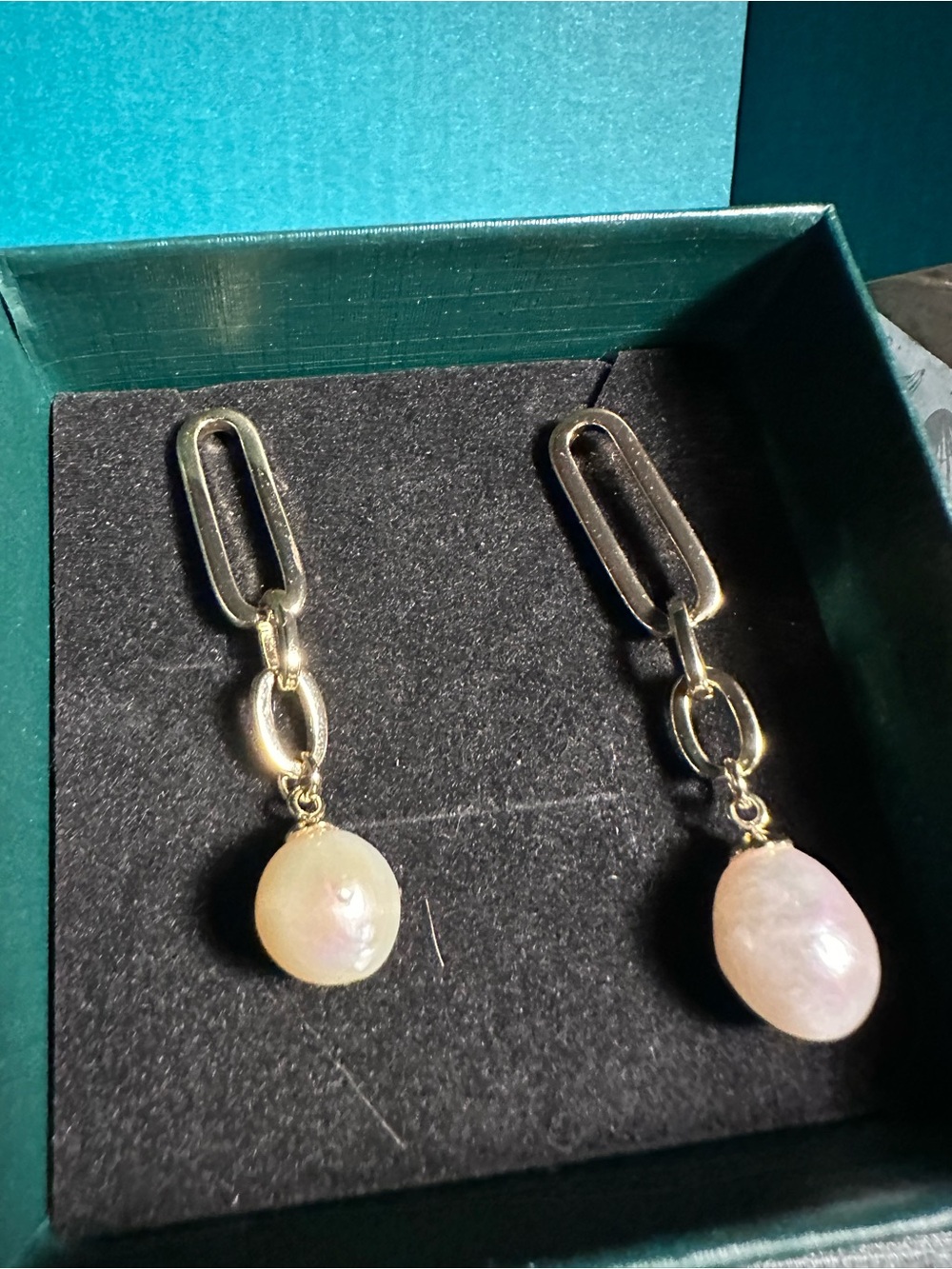 Gold Link Drop Earrings with Pearl Dangles